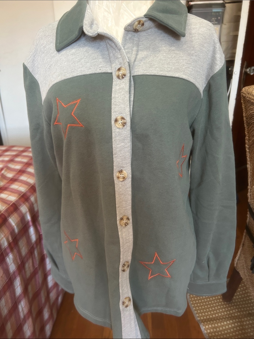 Hem & Thread Olive Green and Light Gray Star Button-Front Jacket size oversized